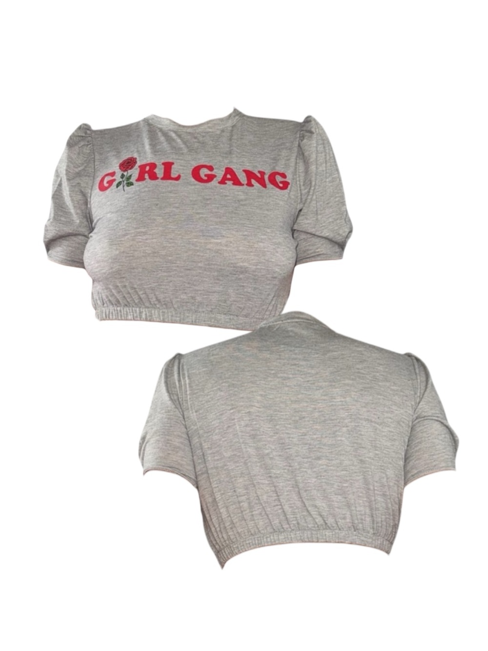Gray Girl Gang Cropped Tee with Red Rose Graphic